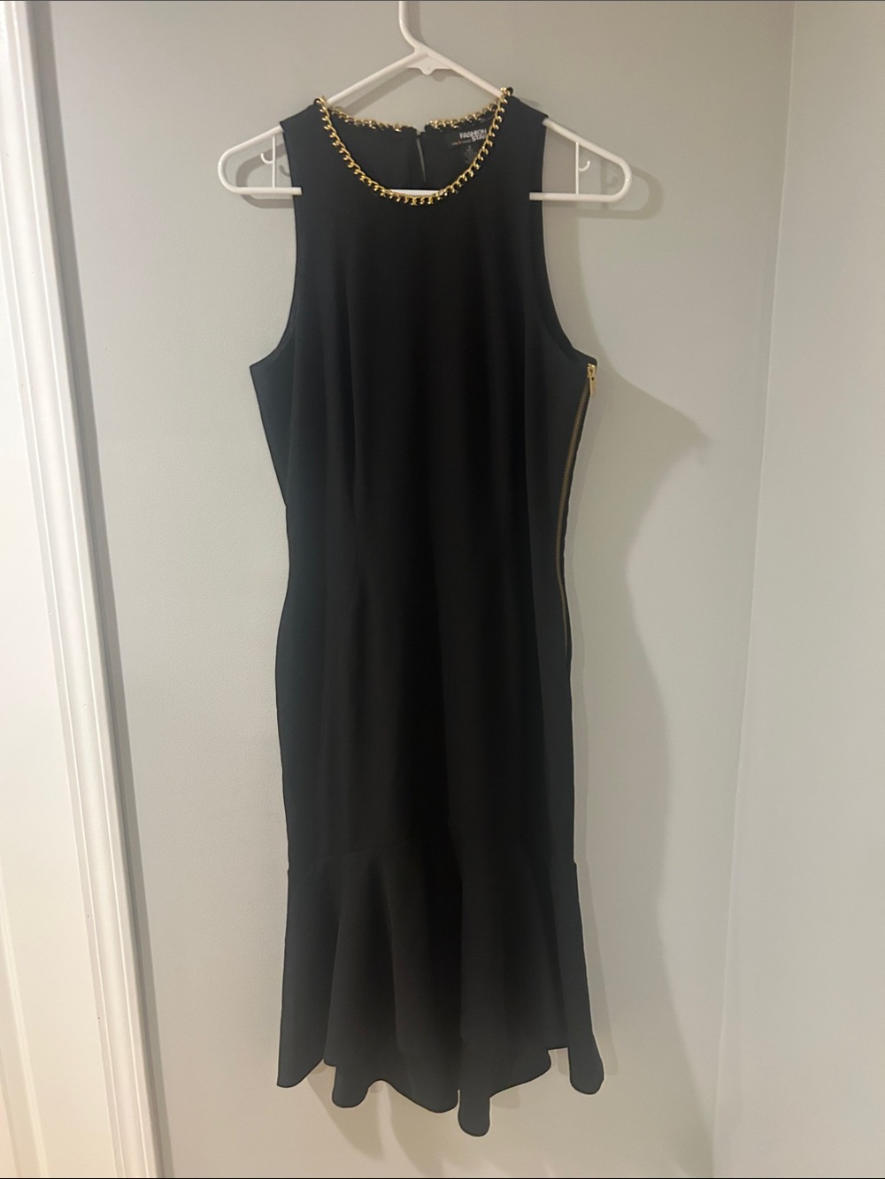 Macy's Black Midi Dress with Gold Chain Neckline